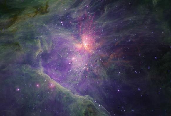 This image shows the full survey of the inner Orion Nebula and Trapezium Cluster made using the NIRCam instrument on the NASA/ESA/CSA James Webb Space Telescope. This is the long-wavelength colour composite, which focuses on the gas, dust, and molecules in the region with unprecedented sensitivity in the thermal infrared. Credit: NASA, ESA, CSA / Science leads and image processing: M. McCaughrean, S. Pearson.