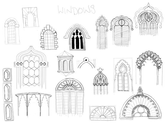 Sketches of windows and archways from Victorian glasshouses, gothic revival and Brighton pavilion