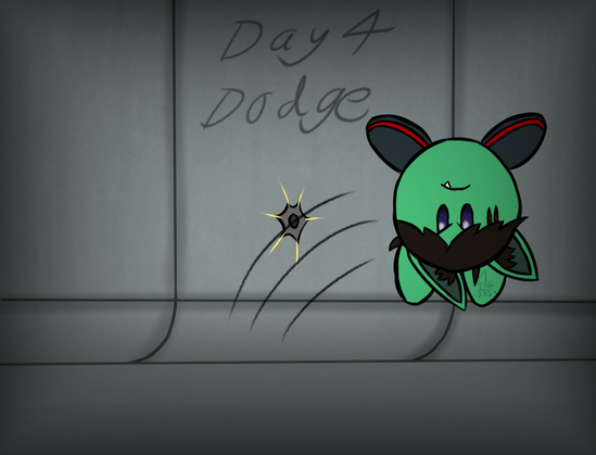 A digital drawing of a green feline puffball doing a flip to dodge a bullet, which impacts the wall behind him.
Text reads: Day 4 dodge