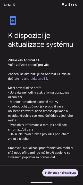 Příprava instalace Android 14 na Google Pixel 7a.