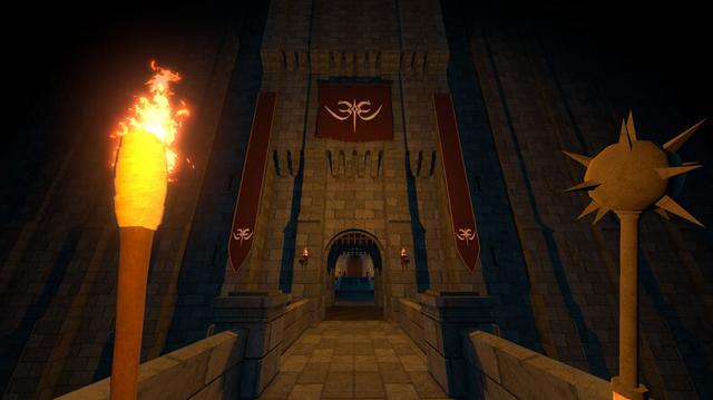 A screenshot from Neverlooted Dungeon, looking up at a castle at night with a torch in your left hand and a mace in your right hand.