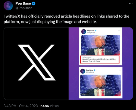 Pop Base
@PopBase
Twitter/X has officially removed article headlines on links shared to the platform, now just displaying the image and website.