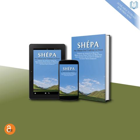 Cover of 'Shépa' on a 3D image of a tablet, a phone, and a book.