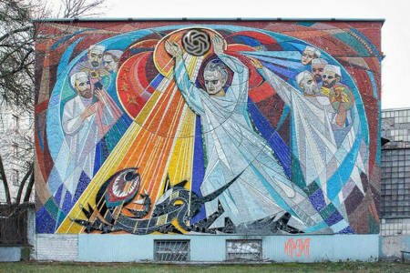 soviet mural showing artistic interpretation of medicians fighting cancer 7 men circled around one man holding a ray omitting thing above his head. rays directed at some demonic black creature laying on the ground, being defeated by the rays the thing emitting the rays has been replaced by a chatgpt logo