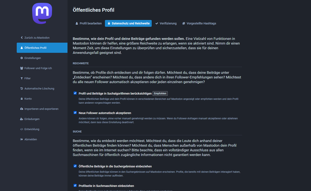 Screenshot der Mastodoneinstellungen im Webbrowser mit "öffentliches Profil" sowie "Datenschutz und Sicherheit" ausgewählt.