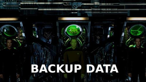 startrek tng commander data as a borg drone in its borg ?dockingstation?? on both sides an other "data copy" (badum tss) ie: 3 commander datas as borgs text: backup data