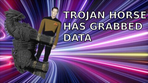 canakkale trojan horse sculpture has startrek tng commander data in his arms. background is what stock image agencies think a "data highway" might look like on its insides. colorful rays of light streaming in a direction