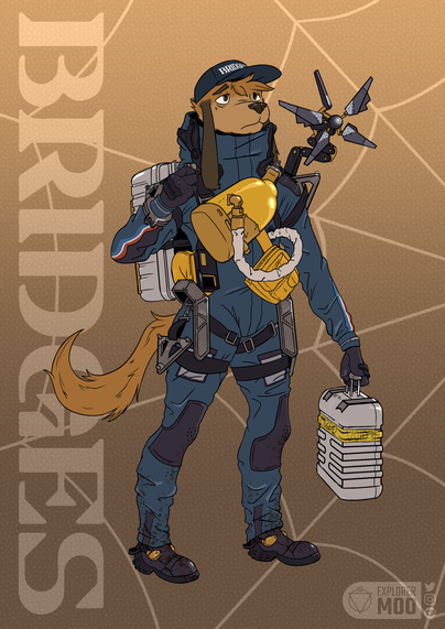 A drawing of Thom, a brown mongrel dog wearing the same getup as Sam Bridges, from Death Stranding: a jumpsuit cluttered with carrying equipment and metal exoskeletons, as well as a yellow canister on his chest carrying BB.  He also carries a suitcase on his right hand, and looks out worriedly. The background is plain, save for a decal of the "Bridges" logo and a spiderweb-like print.