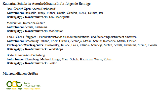 Teilnahme der Open-Access-Tage 2023 einer Aufzählung der 4 Beiträge, an denen ich beteiligt war.