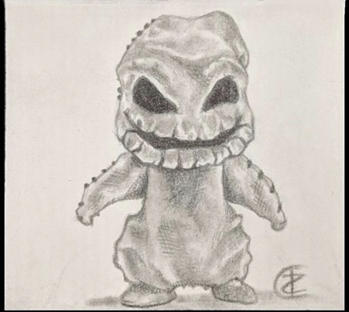 A pencil drawing of a wee Oogie Boogie Man from The Nightmare Before Christmas