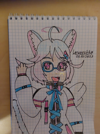 A traditional drawing of a girl with short blue/pink hair, pink halo, blue ears, wears blue/pink glasses and white dress, has white wings.