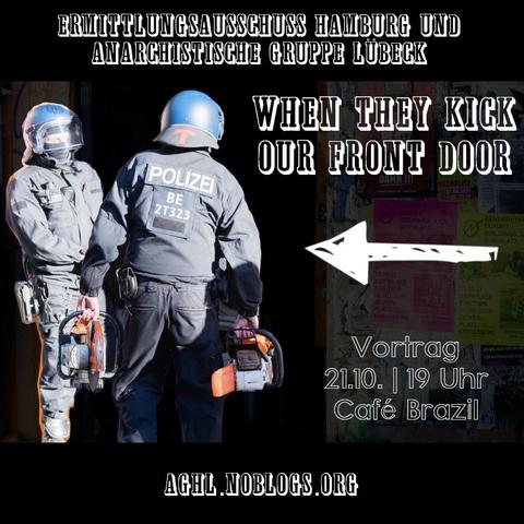 Veranstaltungsbild, zu sehen sind 2 Bullen mit Ketten- und Kreissäge vor der Rigaer94