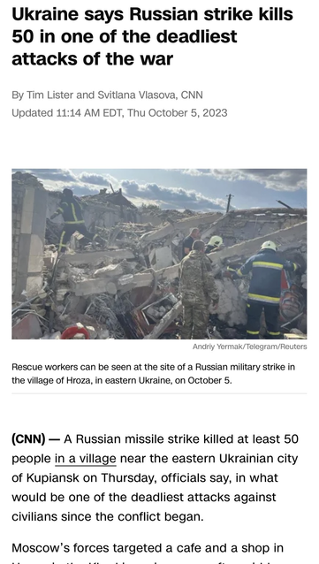 Screenshot of CNN news article about Russian missile strike in Kupiansk, Ukraine.p