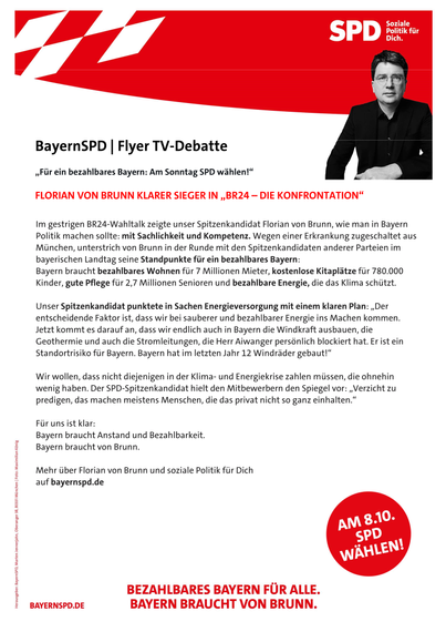 Flugblatt von Florian von Brunn mit einer Nachbetrachtung der TV-Debatte im Fernsehen
