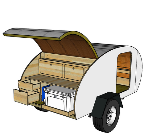 Minimalist drawing of a teardrop style camping trailer. The back hatch is open revealing the integrated galley.