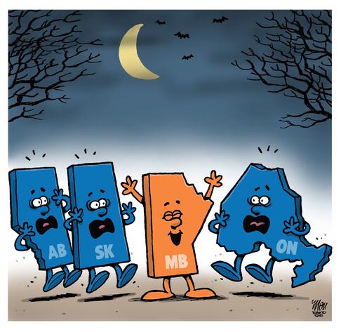An editorial cartoon of a spooky night where anthropomorphized characters depicting the Conservative-led provinces of Alberta, Saskatchewan and Ontario (all coloured blue) look on in terror as Manitoba (coloured orange) celebrates the victory of the NDP.