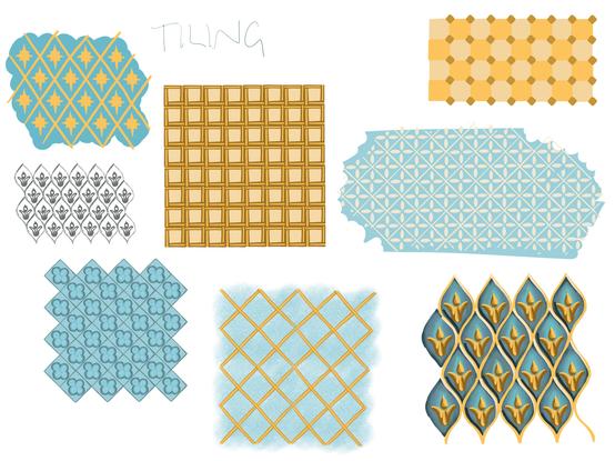Sketches of Victorian, neo gothic and chinoiserie tiled patterning from interiors of Brighton pavilion