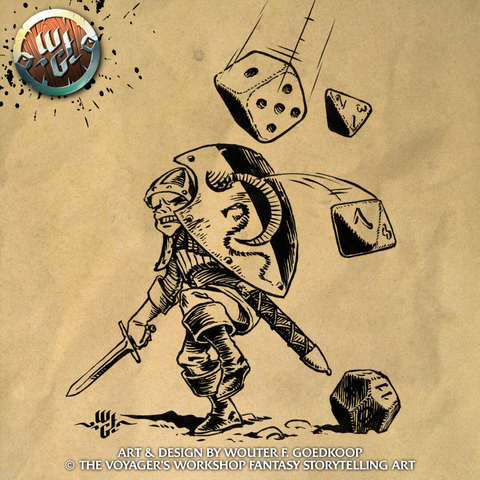 An adventurer with sword drawn shields himself from falling dice.
