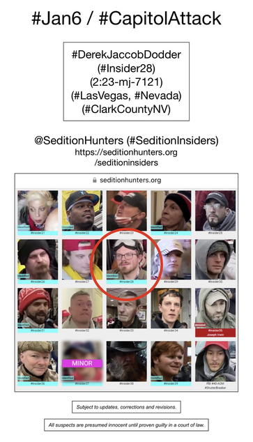Photos of January 6th riot suspects who were observed inside the US Capitol building, including Derek Jaccob Dodder (Las Vegas, Nevada).
