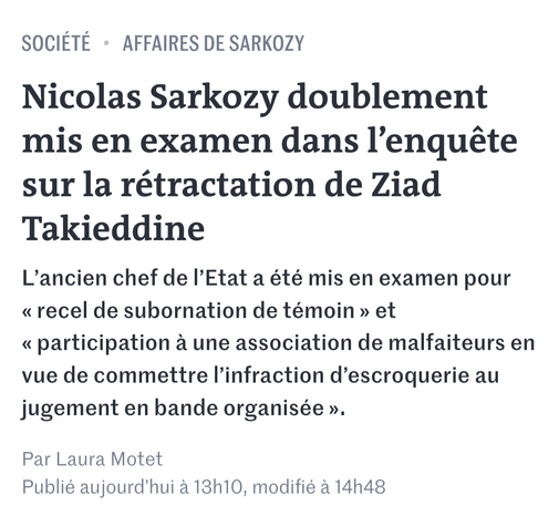 Capture d'écran du site du Monde annonçant en titre "Nicolas Sarkozy doublement mis en examen dans l'enquête sur la rétractation de Ziad Takieddine".