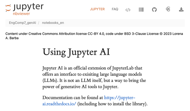 Screenshot from nbviewer showing the start of the lesson on Jupyter AI.
