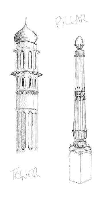 Sketch of the gate tower at Brighton pavilion with cupula and gothic windows with quatrefoil indents next to a sketch of a pillar from Brighton pavilion interior with icanthus leaves surmounted by an egg