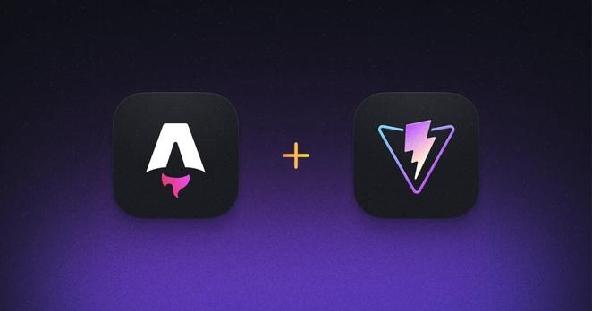 The Astro and Vite logos on dark gray surfaces hovering over a vibrant purple glow.