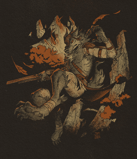 Illustration of a werewolf character in leather armor, leaping at something out of frame. Behind him is a organic but somewhat strange rocky, forested landscape. His expression is fierce and determined.