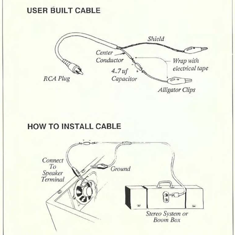 A manual page showing an image of alligator clips connected to a PC speaker, which are then wired via cable into a hi-fi system