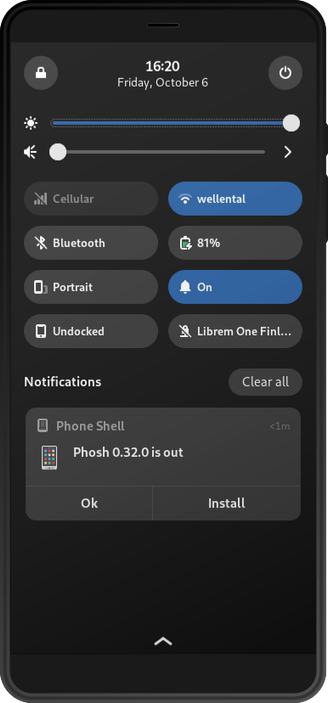 A notification in phosh's notification panel saying "Phosh 0.32.0 is out"