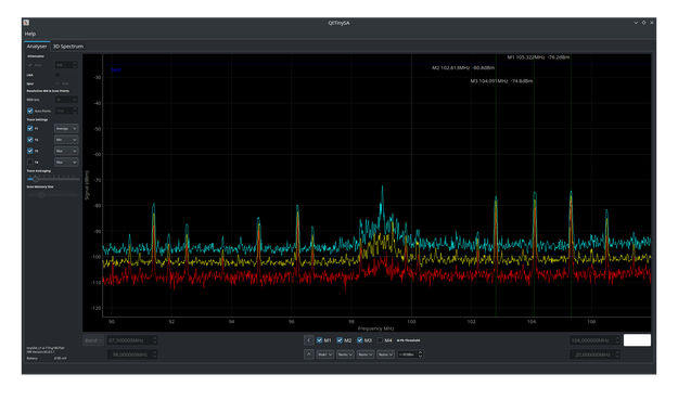 The screen shot of QtTinySA - a GUI program for TinySA/Ultra using Qt5 and PyQt5.