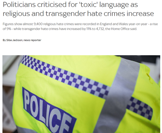 Politicians criticised for 'toxic' language as religious and transgender hate crimes increase
Figures show almost 9,400 religious hate crimes were recorded in England and Wales year-on year - a rise of 9% - while transgender hate crimes have increased by 11% to 4,732, the Home Office said.

By Siba Jackson, news reporter

[Picture of the back of a police officer]