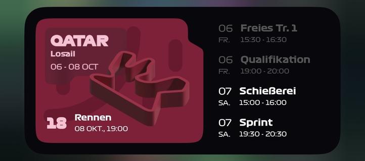 iOS Widget mit aktueller Wochenendübersicht der Formel1, was wann stattfindet. Shootout wurde mit Schießerei übersetzt.