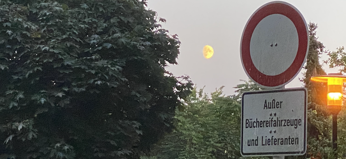 Grünes Gestrüpp, rechts ein „Einfahrt-Verboten“-Schild (Verkehrszeichen 250) mit Zusatztafel „Außer Büchereifahrzeuge und Lieferanten“. Ganz rechts eine eingeschsltete Strassenlaterne. In der Bildmitte leuchtet ein zunehmender Mond, fast Vollmond.