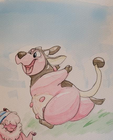 Painting of a miltank running happily over grass. The bottom-left corner has the head of a previously painted flaaffy - ignore that.