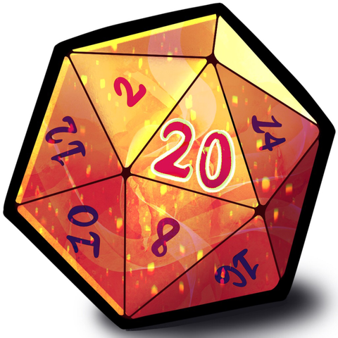 An emote drawing of a d20 die yellow and orange