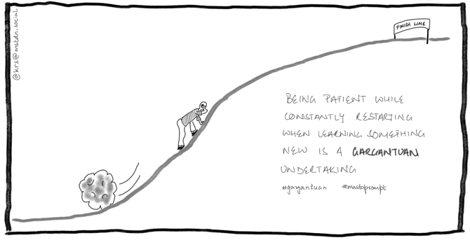A person is trying to push a boulder up a slope towards a finish line, but the boulder slips from their grip and rolls back down from halfway up. The caption reads, “being patient while constantly restarting when learning something new is a gargantuan undertaking”. #gargantuan #mastoprompt #learningcartooning