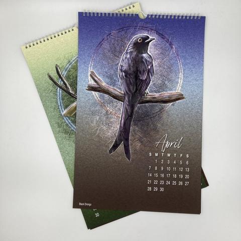 Picture of a page from an 11x17" art calendar of illustrated birds featuring a black drone and the month of April.