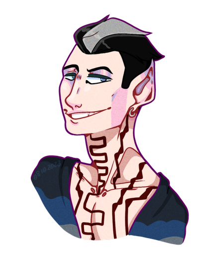 A portrait of Vlad. He has black short hair with a grey line on the middle of it. He also wears earrings and has red linear tattoos on his neck that go down to his chest.