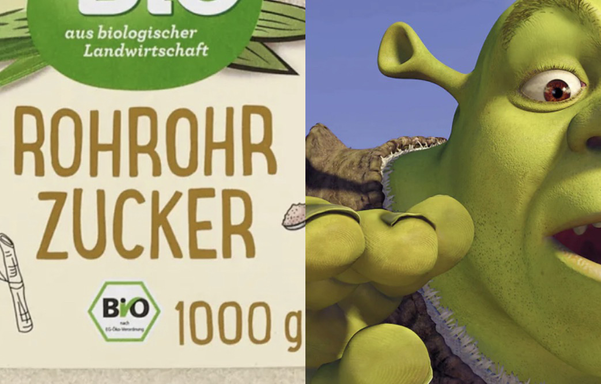 Eine Packung Rohrohrzucker und Shreks Rohrohr.