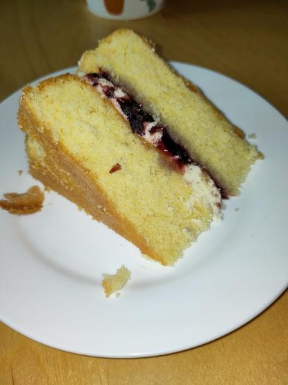 a slice of sponge cake with a layer of buttercream and morello cherry jam on a white plate.
