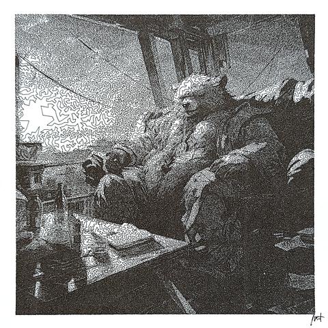 A single-line pen plotter illustration showcasing a large anthropomorphic bear figure seated indoors, adorned with a prominent chain necklace.