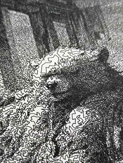A single-line pen plotter illustration showcasing a large anthropomorphic bear figure seated indoors, adorned with a prominent chain necklace.