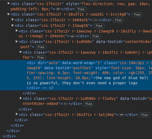 The devtools showing divs after divs and no <p> tag where the text should be.