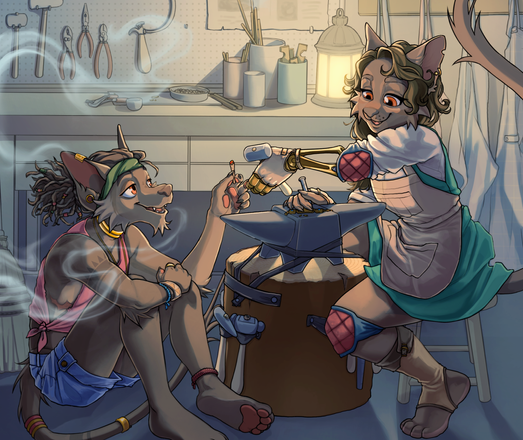A pair of anthropomorphic fossa chatting while one works on something and the other sits at their feet, offering the worker a joint.