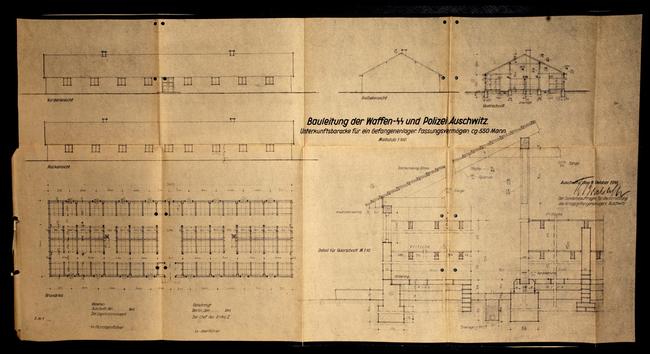A blueprint of a brick barracks for prisoners at Auschwitz II-Birkenau.