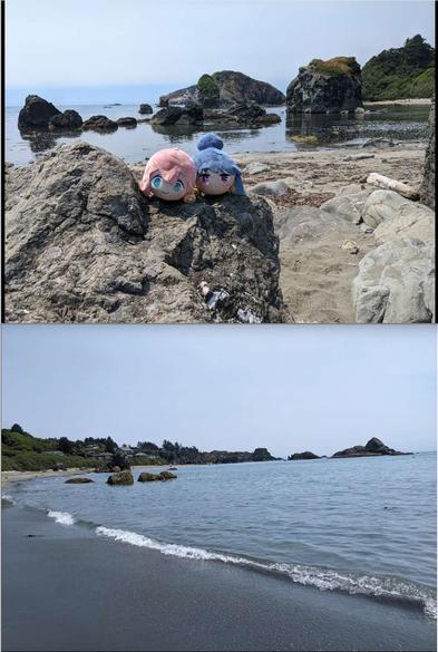 The top shows a Rin and Nade nesoberi sitting on a rock. Behind is more rough coastline.

The bottom shows a sandy beach, some rocks in the ocean, and a point with houses on it.