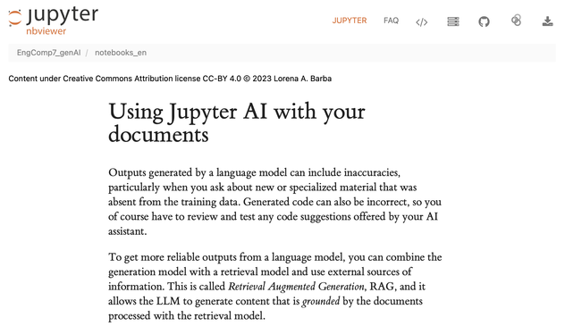 Screenshot from nbviewer showing the first two paragraphs of my lesson on using Jupyter AI with your documents.