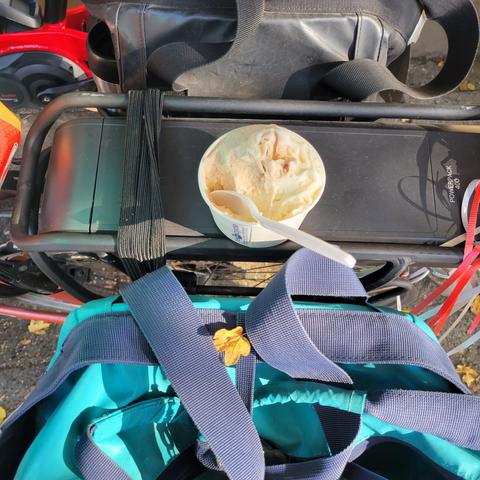 Photo looking down at the back rack of a bicycle. The barack has a black bag hanging from it on one side and a turquoise bag on the other side. Sitting on top of the rack, a small dish of two flavors of ice cream with a spoon in it.