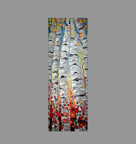 Aspen Bliss Country Lifestyle   is a stunning piece of art that measures 12X36X1.5 inches and is created using the palette knife technique. The thick paint layers and impasto on canvas give this artwork a unique texture and depth. The focal point of the painting is the beautiful aspen trees, which are known for their elegant white trunks and vibrant golden leaves. The silver birch trees also add a touch of elegance to the overall composition. This artwork is perfect for those who appreciate nature and want to bring the tranquility of the outdoors into their living space.